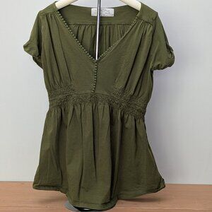 Zara Collection Olive Green Smocked Waist V-Neck Blouse Puff Sleeve Pom Pom Trim